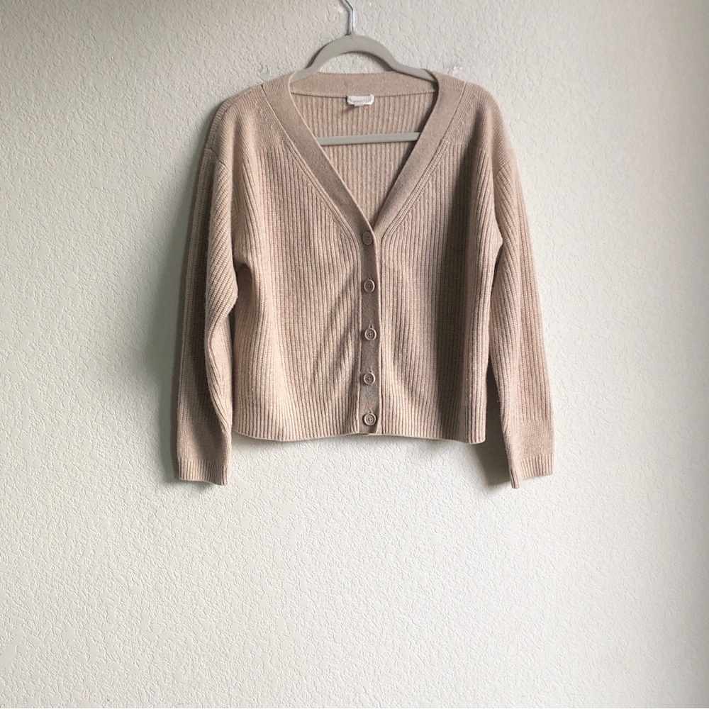 Garnet Hill Ribbed Cashmere Cropped Cardigan Sweater Beige Small Layering
